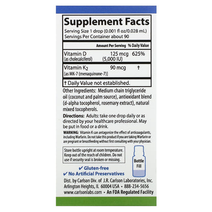 Carlson, Super Daily® D3 + K2, 125 mcg (5,000 IU) & 90 mcg, 0.086 fl oz (2.54 ml)