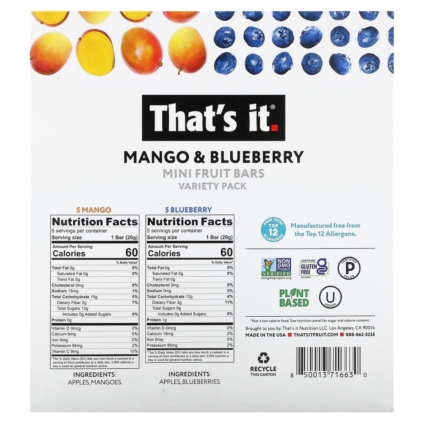 That's It, Mini Fruit Bars,  Variety Pack, Mango & Blueberry, 10 Bars, 0.7 oz (20 g) Each