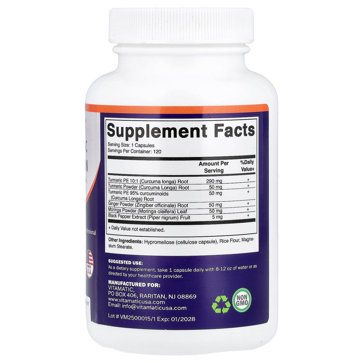 Vitamatic, Turmeric Curcumin + Ginger Moringa & Black Pepper, 120 Vegetable Capsules