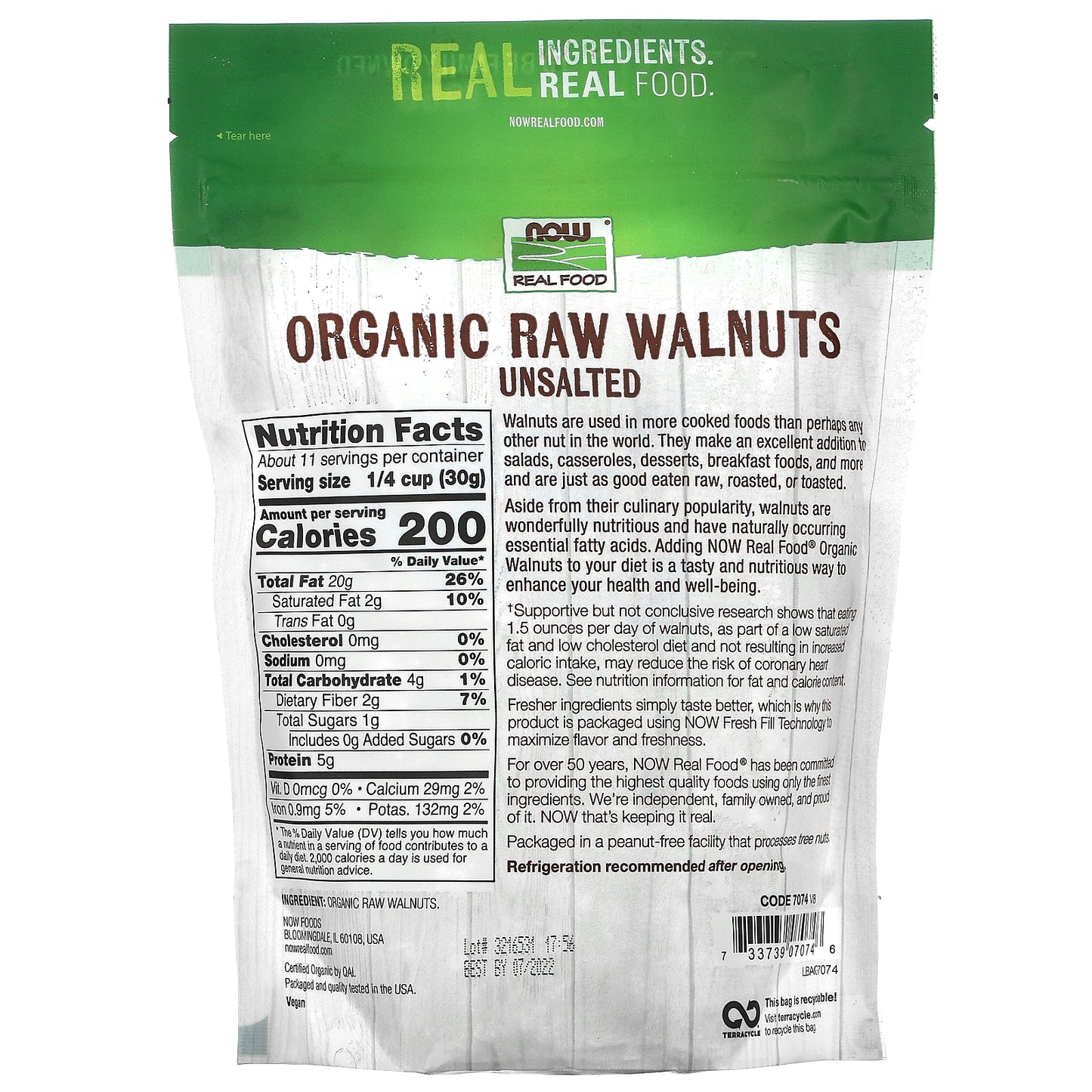 NOW Foods, Real Food, Organic Raw Walnuts, Unsalted, 12 oz (340 g)