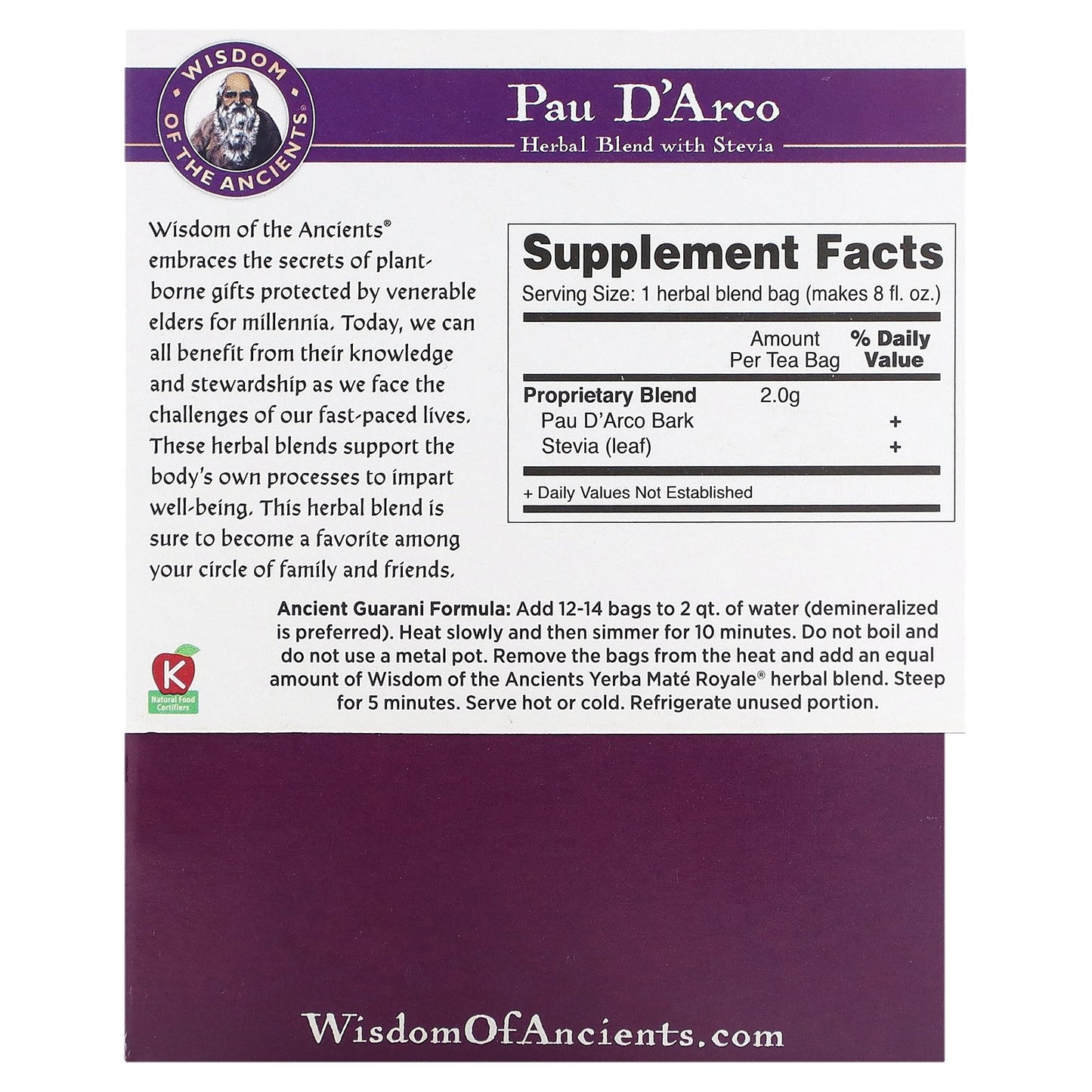 Wisdom Of The Ancient, Pau D'Arco, Herbal Blend with Stevia, 16 Bags, 1.1 oz (32 g)