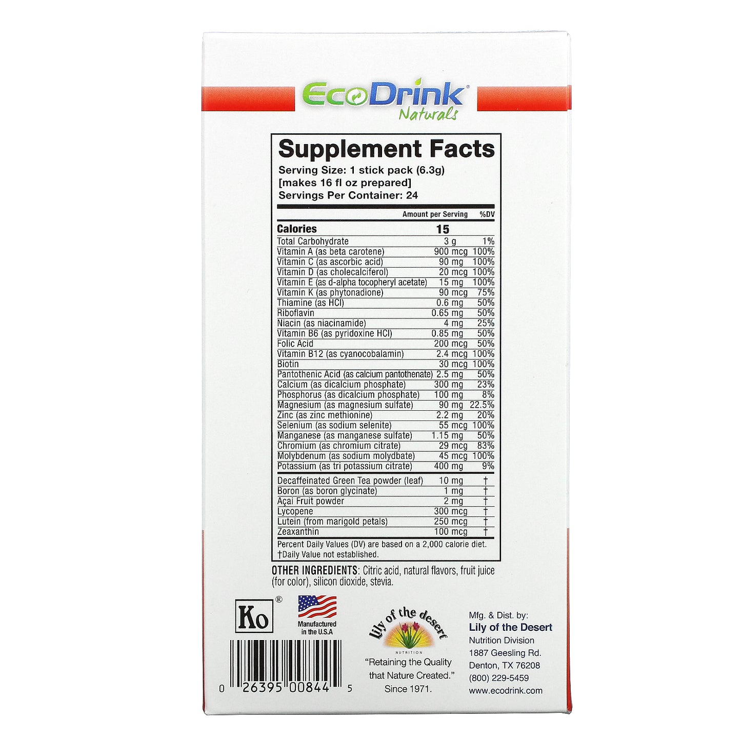 Lily of the Desert, EcoDrink Naturals, Multivitamin Drink Mix, Fruit Punch, 24 Stick Packs, 0.22 oz (6.3 g) Each