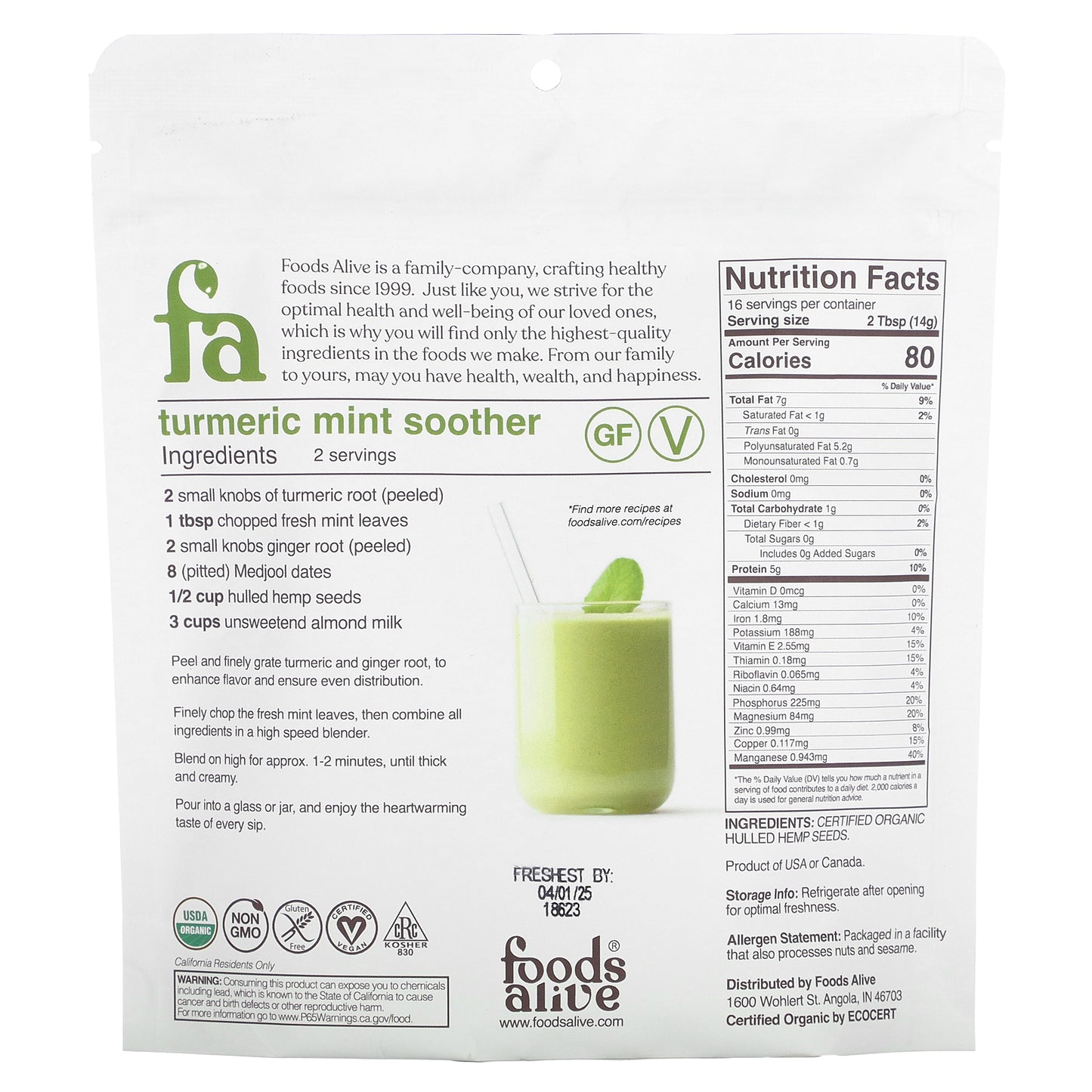 Foods Alive, Organic Hulled Hemp Seeds, 8 oz (227 g)