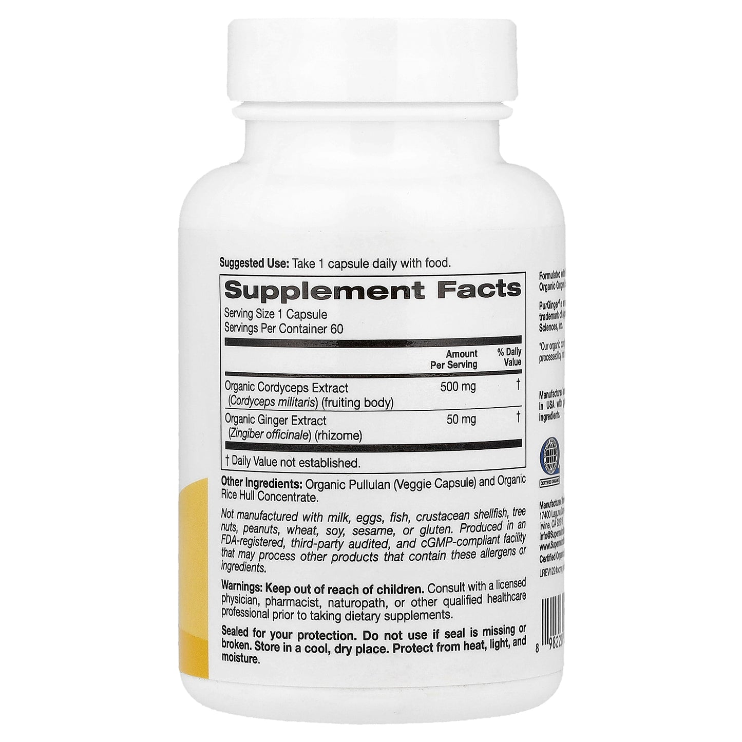 Super Nutrition, Organic Cordyceps Mushroom + Ginger, 60 Veggie Capsules