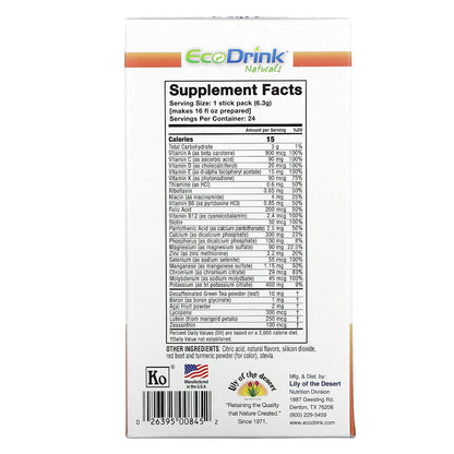 Lily of the Desert, EcoDrink Naturals, Multivitamin Drink Mix, Peach Mango, 24 Stick Packs, 0.22 oz (6.3 g) Each