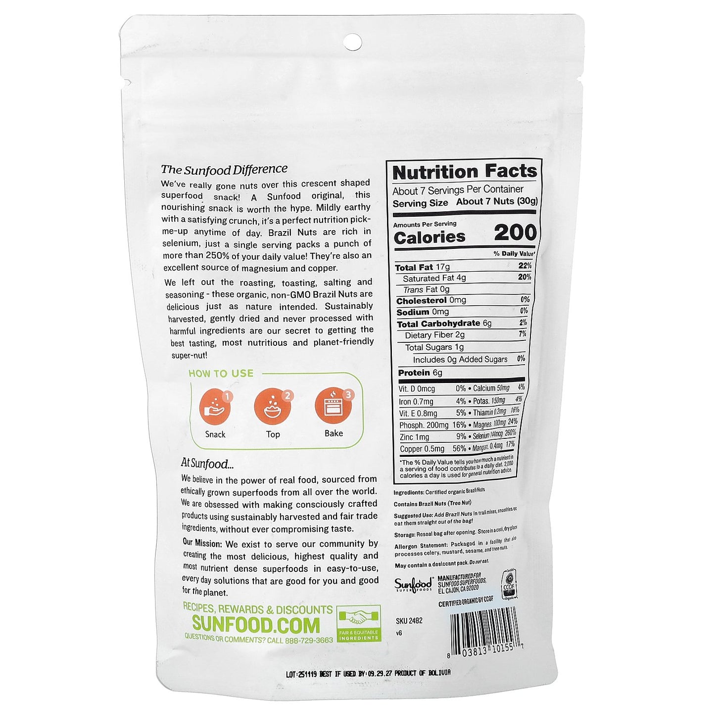 Sunfood, Organic Brazil Nuts, 8 oz (227 g)