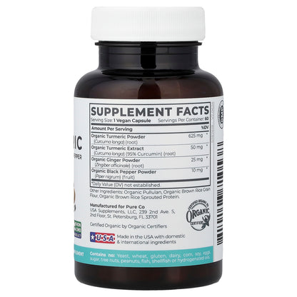 Pure Co., Organic Turmeric with Ginger & Black Pepper, 60 Vegan Capsules