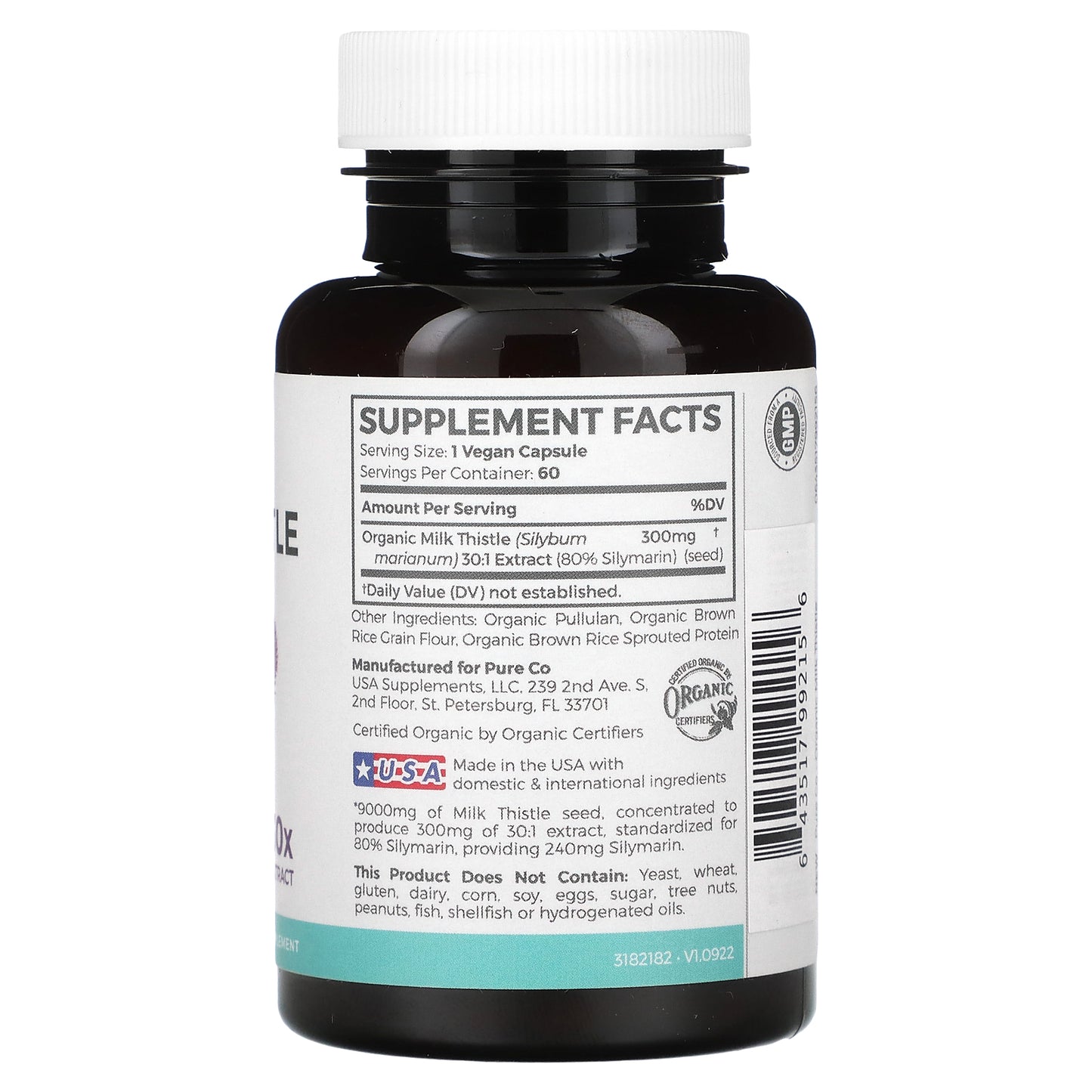 Pure Co., Organic Milk Thistle, 300 mg, 60 Vegan Capsules