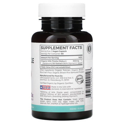 Pure Co., Organic Milk Thistle, 300 mg, 60 Vegan Capsules