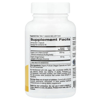 Super Nutrition, Organic Lion's Mane Mushroom + Ginger, 60 Veggie Capsules
