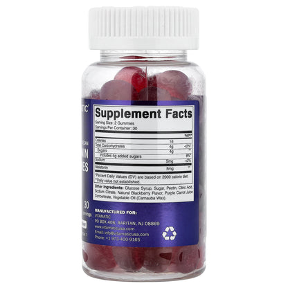 Vitamatic, Vegan Melatonin Gummies, Natural Blackberry, 60 Gummies (2.5 mg per Gummies)