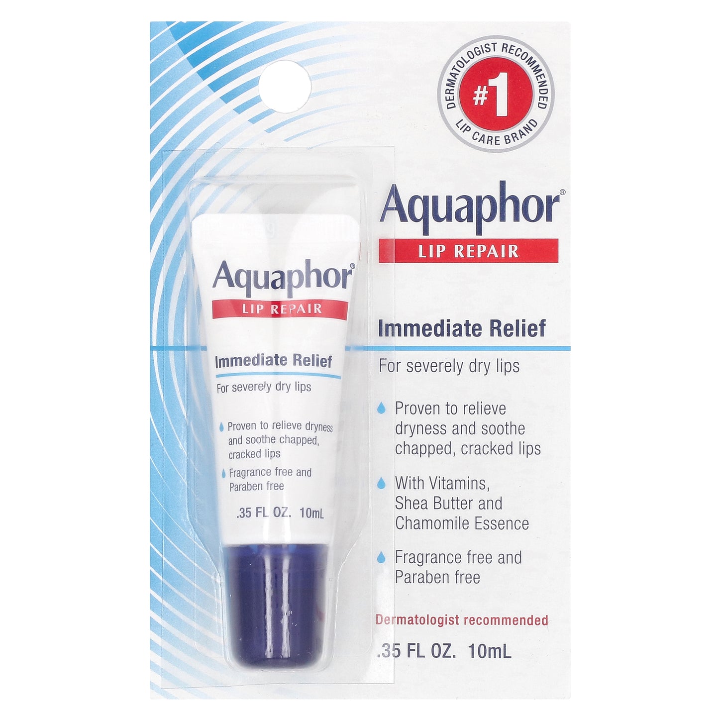 Aquaphor, Lip Repair, Immediate Relief, Fragrance Free, 0.35 fl oz (10 ml)