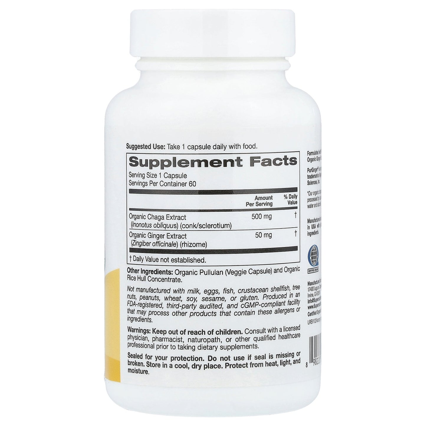 Super Nutrition, Organic Chaga Mushroom + Ginger, 60 Veggie Capsules