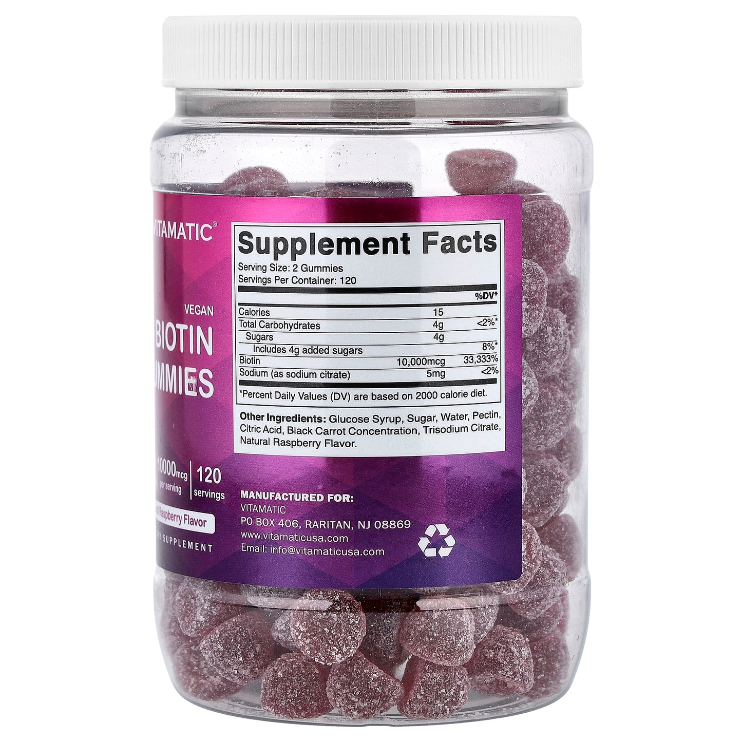 Vitamatic, Vegan Biotin Gummies, Natural Raspberry, 240 Gummies