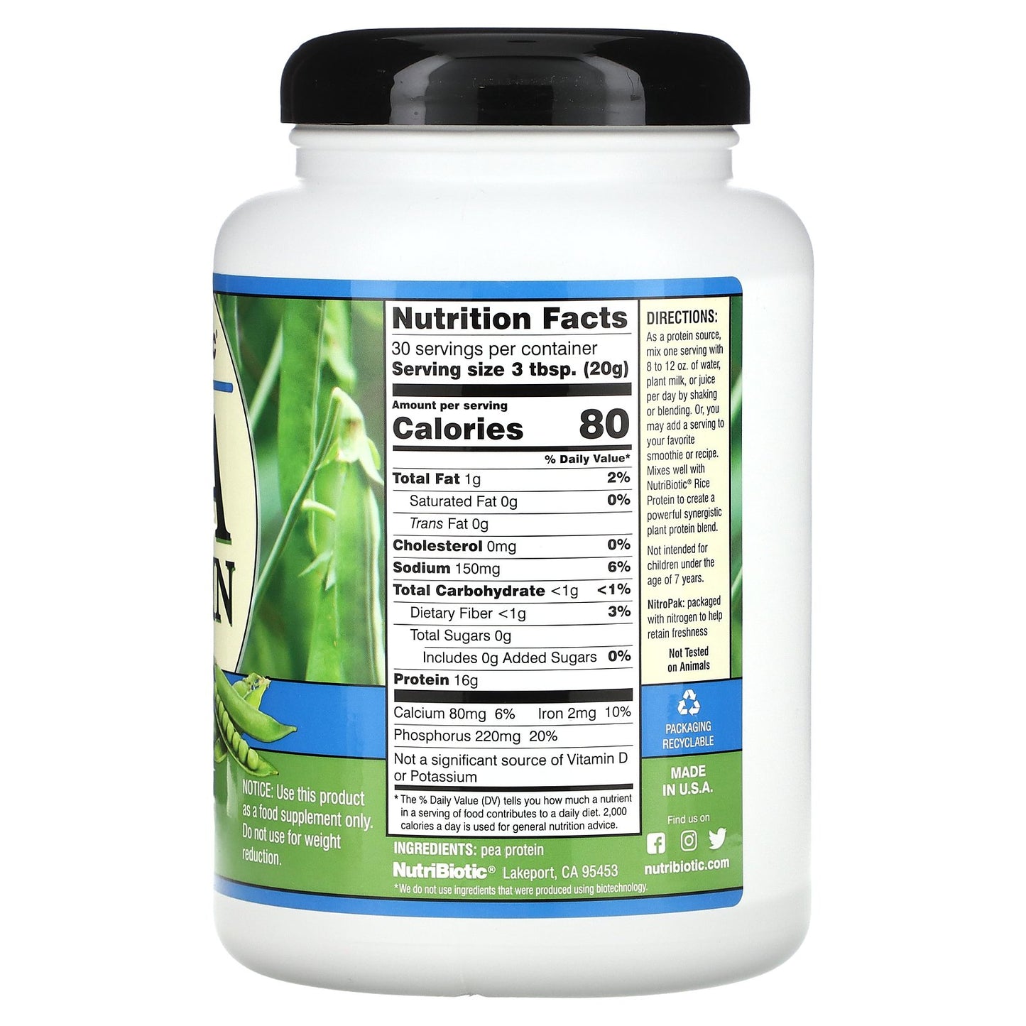 NutriBiotic, Pea Protein Powder, Plain, 21.16 oz (600 g)