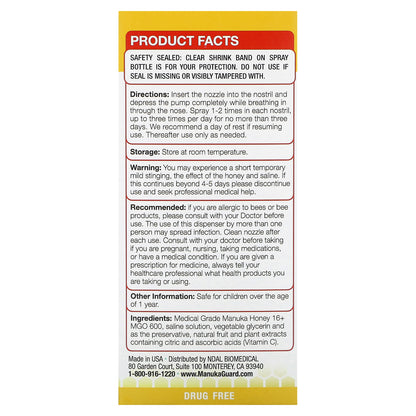 ManukaGuard, Kids, Medical Grade Manuka Honey, Sinus Nasal Spray, Alcohol Free, 0.51 fl oz (15 ml)