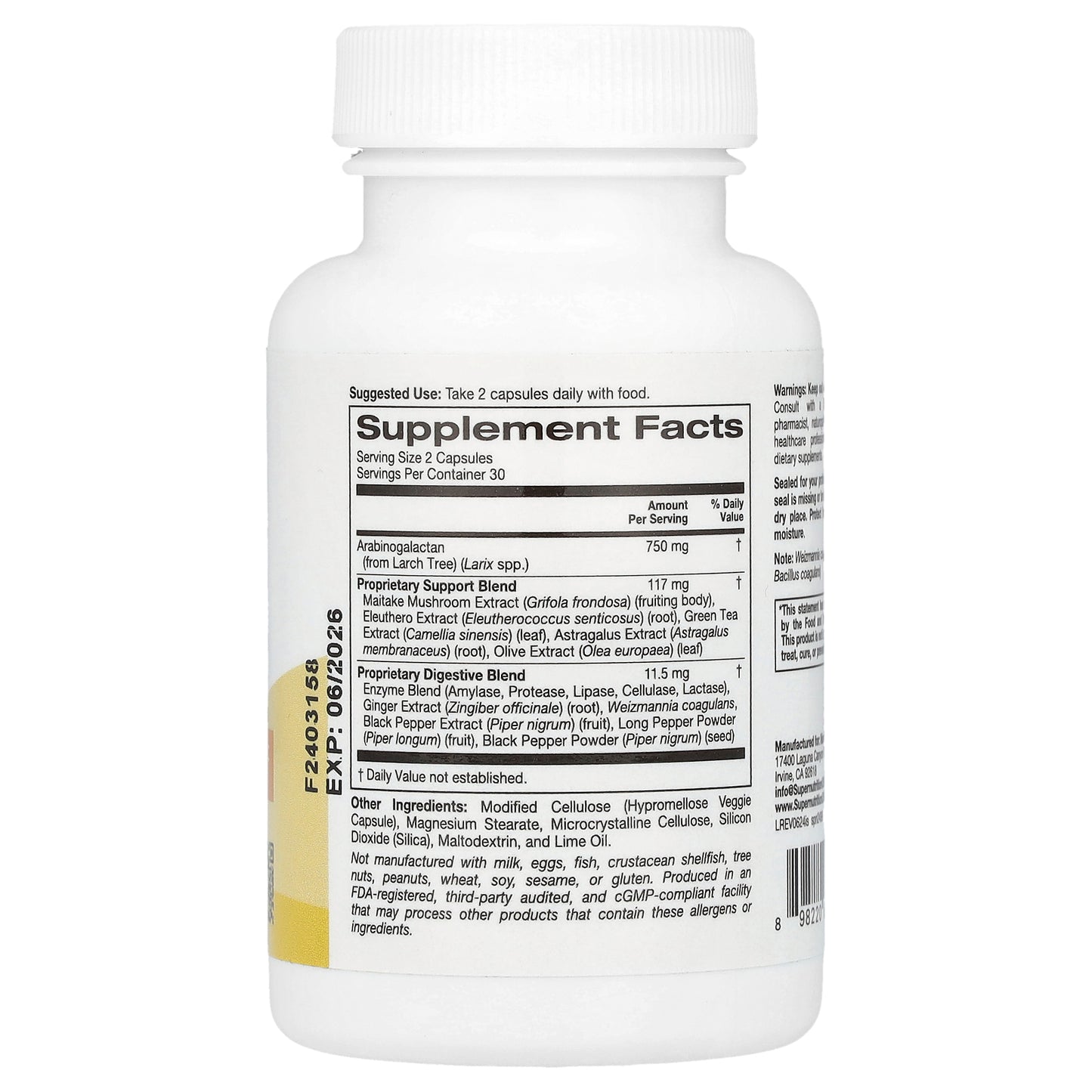 Super Nutrition, Immune Support with Arabinogalactan, Maitake Mushroom Extract, Eleuthero Extract, and Green Tea Extract, 60  Veggie Capsules