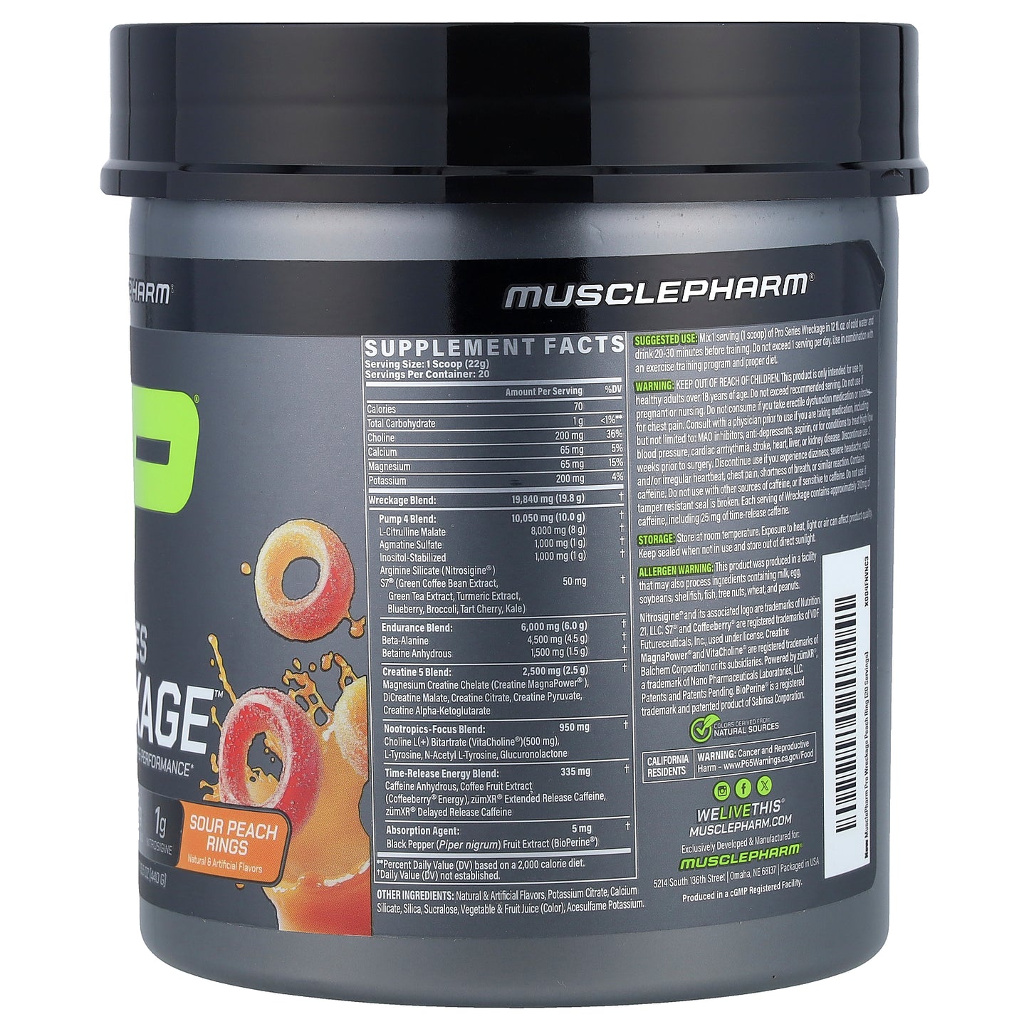 MusclePharm, Pro Series Wreckage™, Pre-Workout, Sour Peach Rings, 15.5 oz (440 g)
