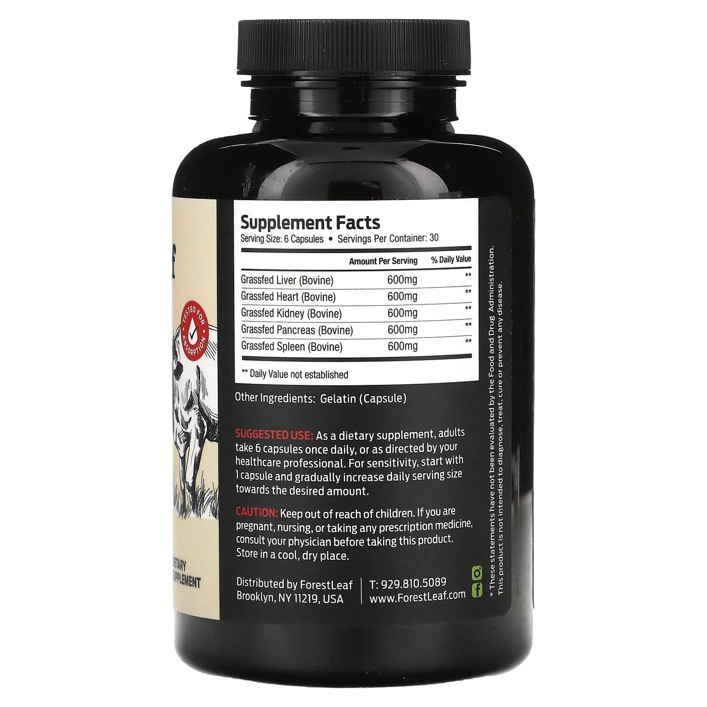 Forest Leaf, Grass Fed Beef Organs, 180 Capsules