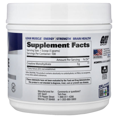 GAT, Sport, Essentials, Creatine Powder, Unflavored, 17.64 oz (500 g)