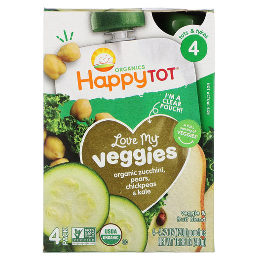 Happy Family Organics, Happy Tot, Love My Veggies, Stage 4, Organic Zucchini, Pears, Chickpeas & Kale, 4 Pouch, 4.22 oz (120 g) Each