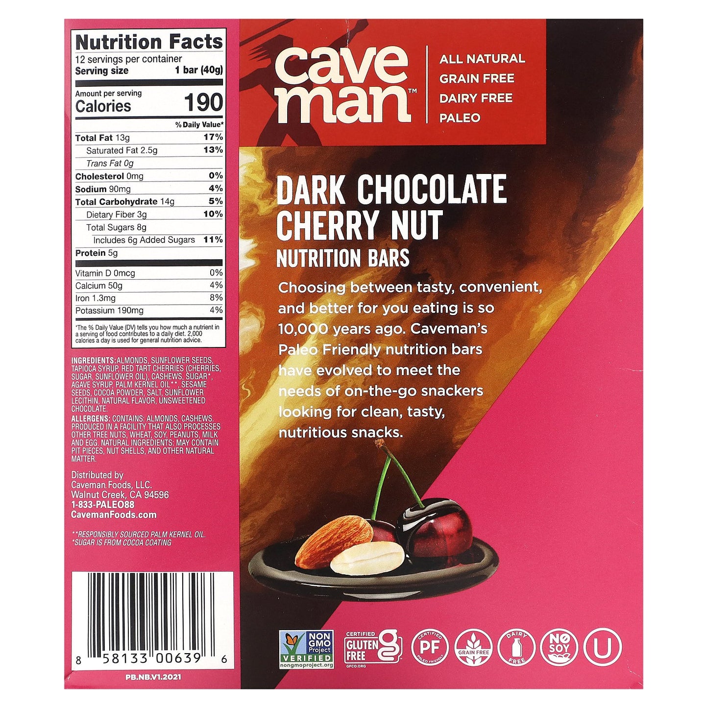 Caveman Foods, Nutrition Bar, Dark Chocolate Cherry Nut , 12 Bars, 1.41 oz (40 g) Each
