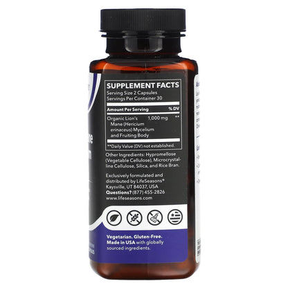 LifeSeasons, Lion's Mane Mushroom, 60 Veg Capsules (500 mg per Capsule)
