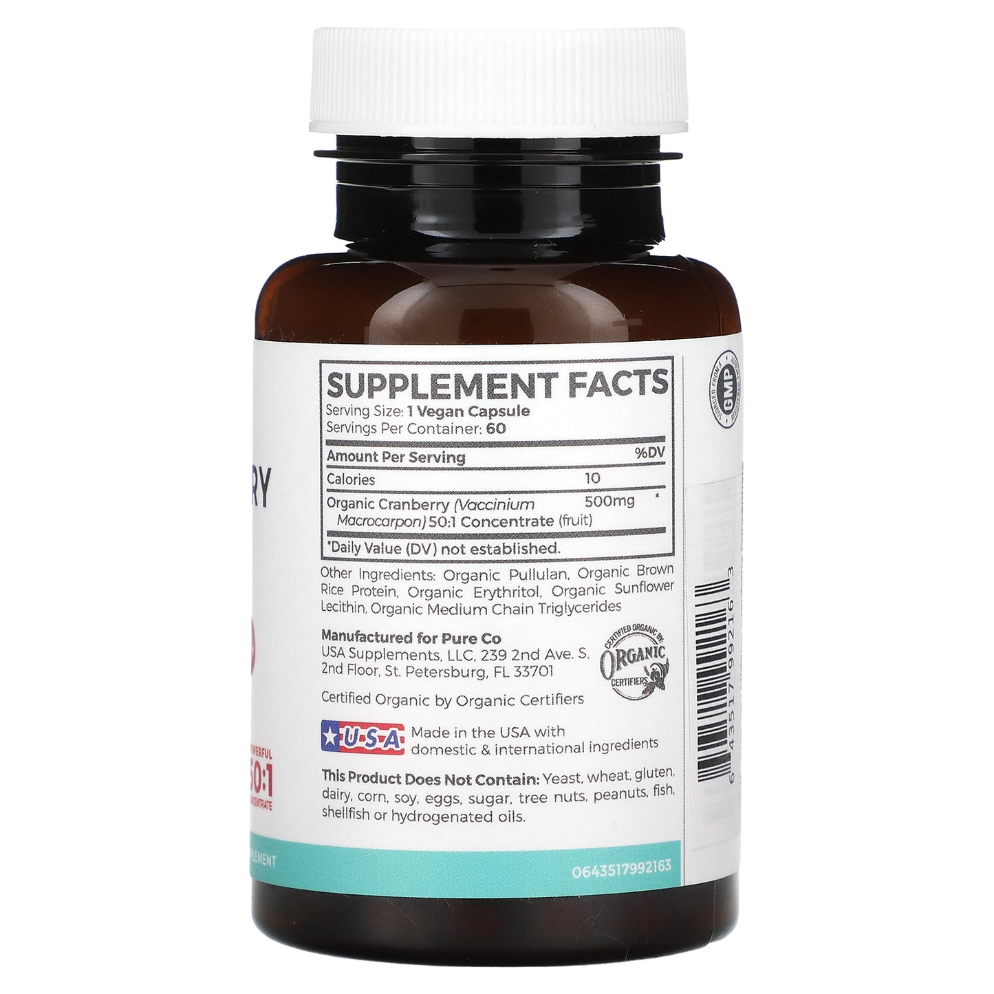 Pure Co., Organic Cranberry Concentrate, 500 mg, 60 Vegan Capsules