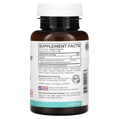 Pure Co., Organic Cranberry Concentrate, 500 mg, 60 Vegan Capsules