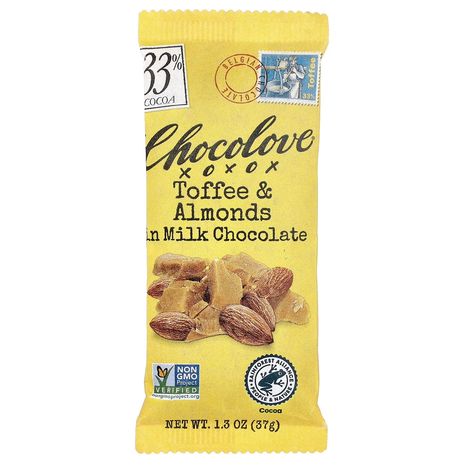 Chocolove, Toffee & Almonds in Milk Chocolate, 33% Cocoa, 1.3 oz (37 g)