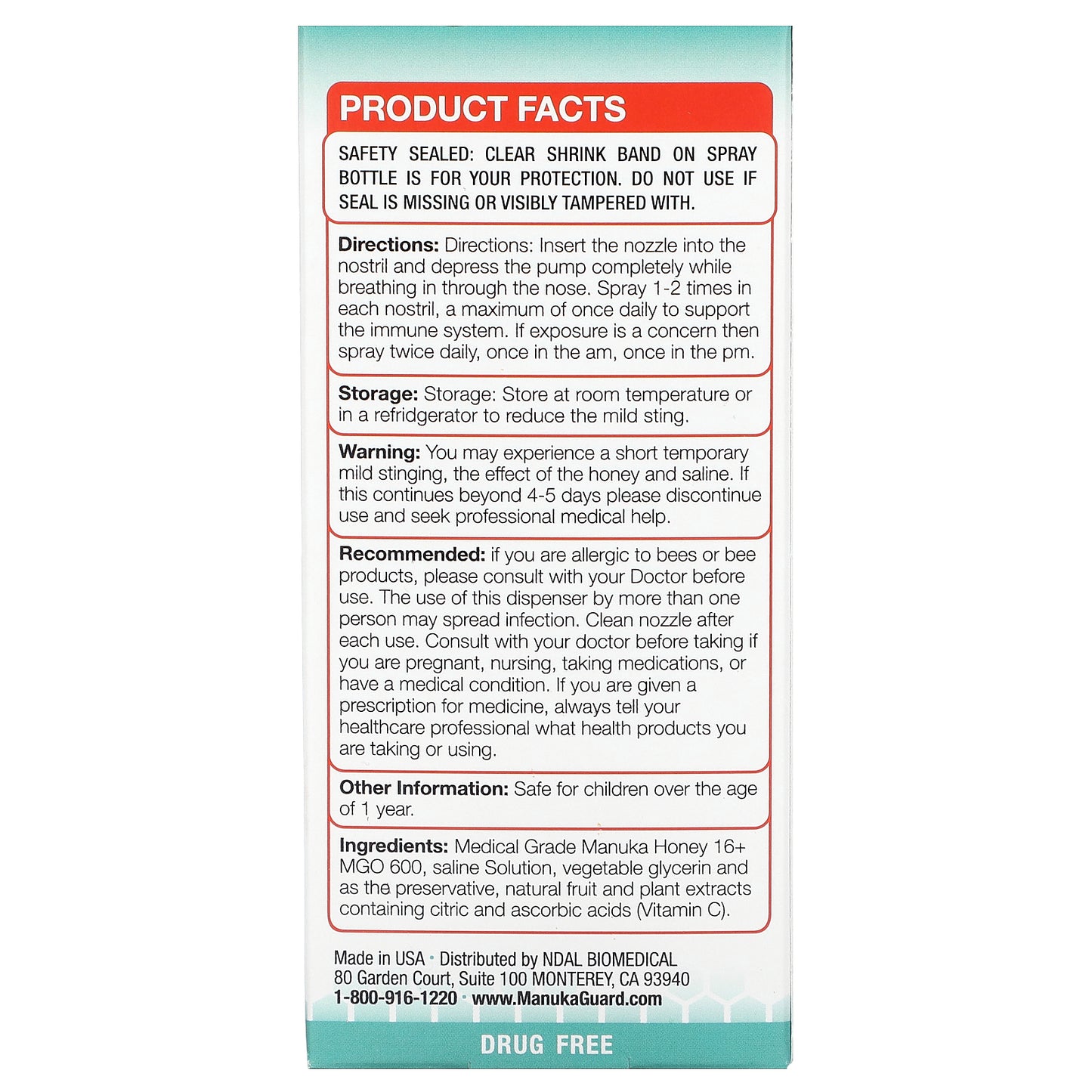 ManukaGuard, Medical Grade Manuka Honey, Immune Guard Nasal Spray, 1.35 fl oz (40 ml)