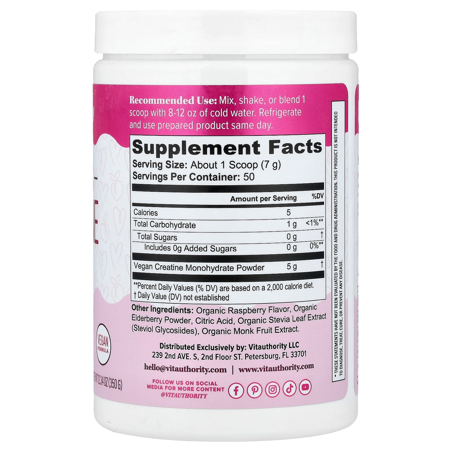 Vitauthority, Active, Women's Creatine Monohydrate, Raspberry, 12.34 oz (350 g)