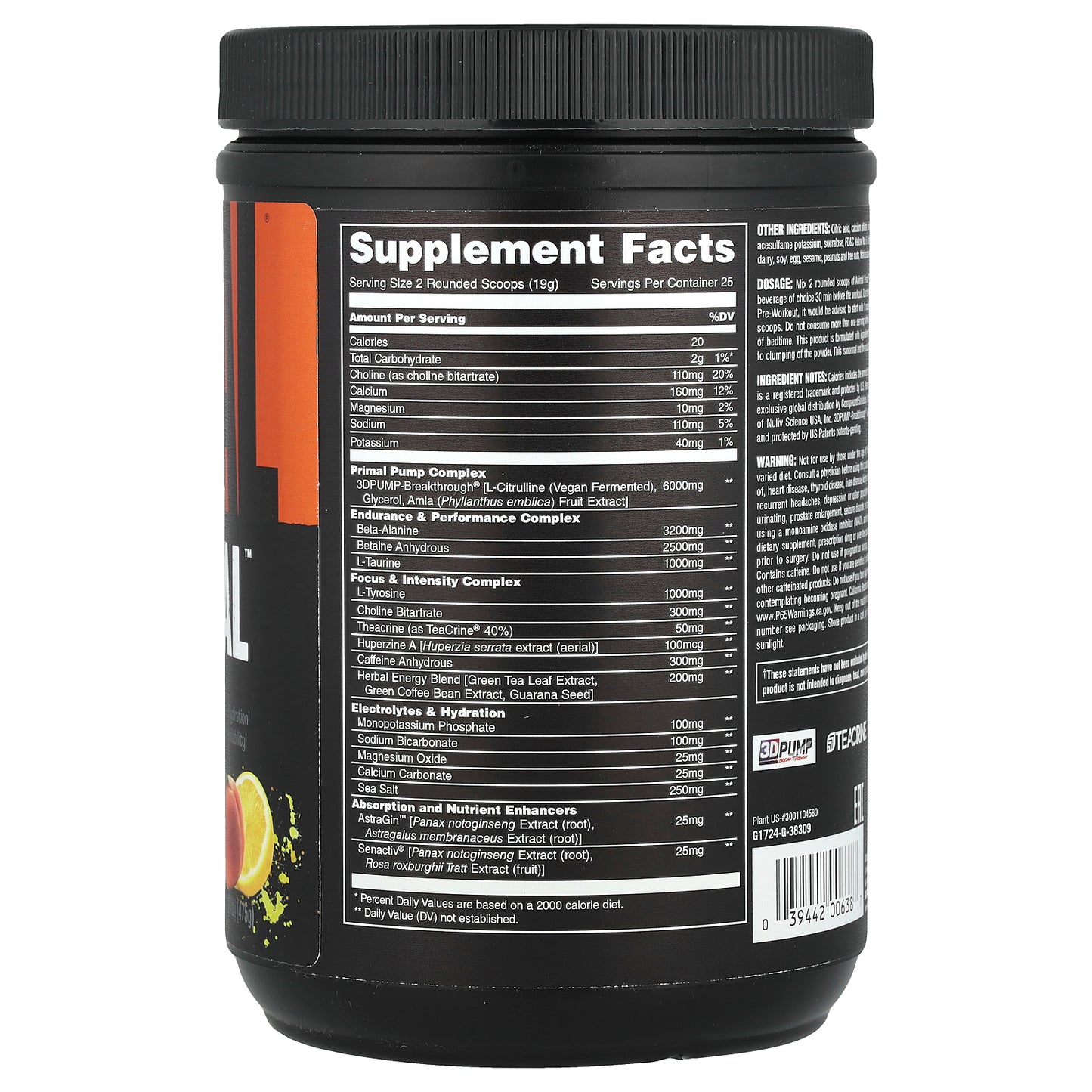 Animal, Pre Workout Primal™ Powder, Wick'd Peach, 1.04 lb (475 g)