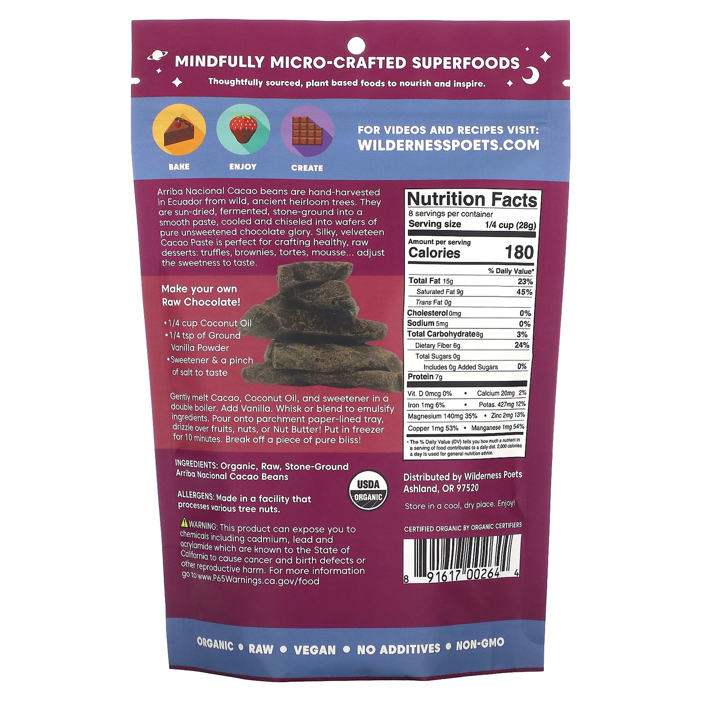 Wilderness Poets, Organic Arriba Nacional Cacao Paste, Dark Chocolate, 8 oz (226 g)