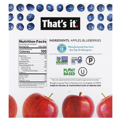 That's It, Fruit Bar, Apple + Blueberries, 5 Fruit Bars, 1.2 oz (35 g) Each