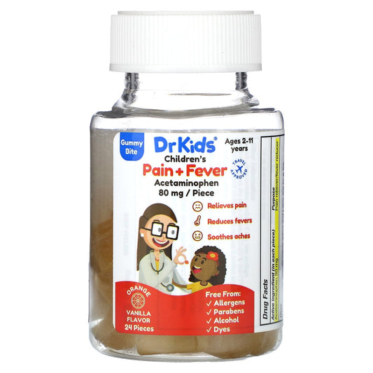 DrKids, Children's Pain + Fever Gummy Bite, Ages 2-11 Years, Orange Vanilla, 24 Gummies