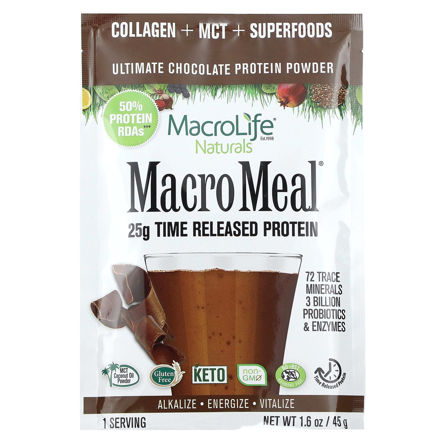 Macrolife Naturals, MacroMeal, Ultimate Superfood, Chocolate, 10 Packets, 1.6 oz (45 g) Each