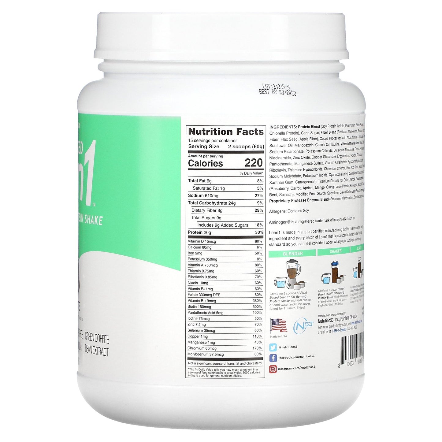 Lean1, Plant Based Fat Burning Protein Shake, Chocolate, 2 lb (900 g)