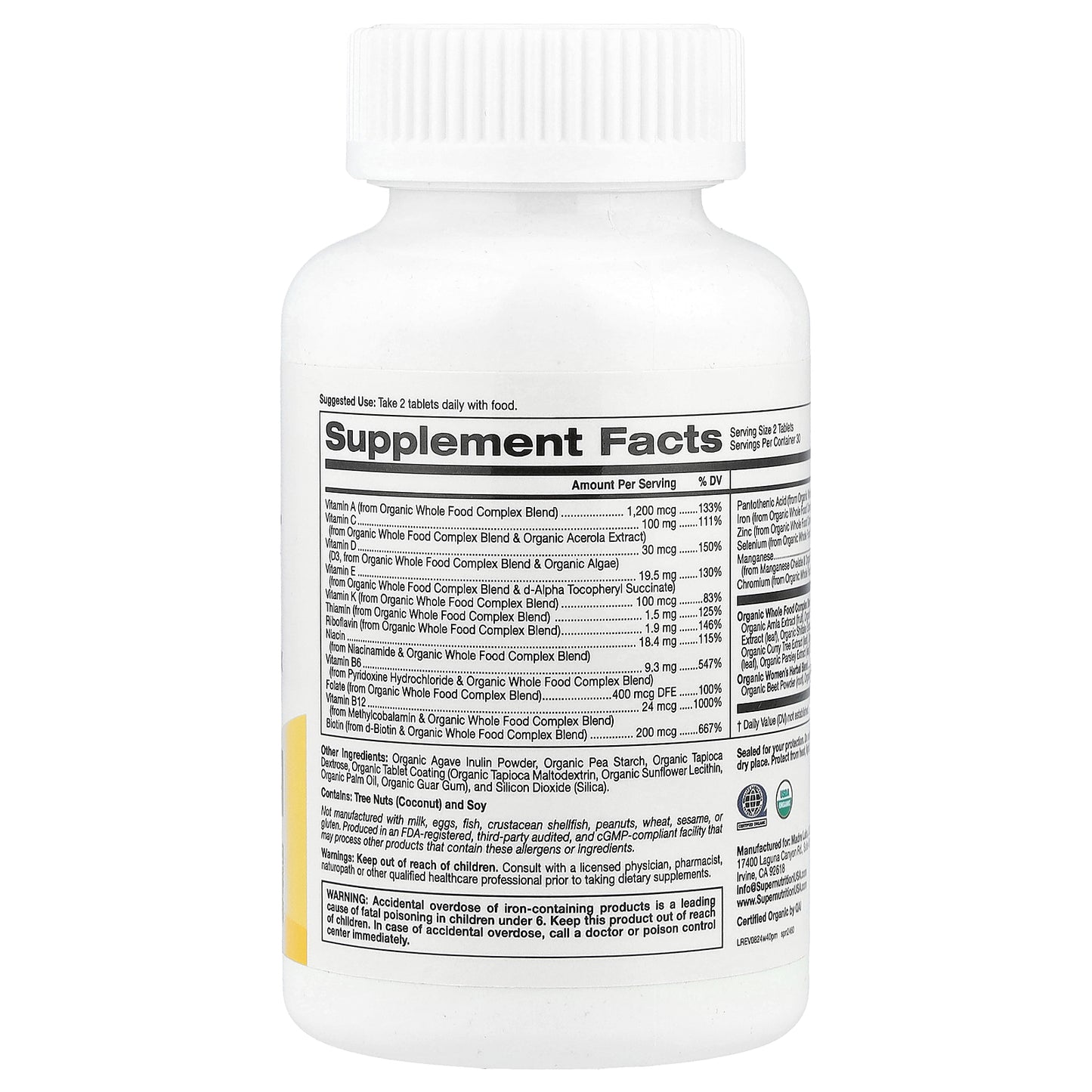 Super Nutrition, Organic Whole Food Women's 40+ Multivitamin with Organic Amla Extract, Organic Sunflower Extract, Organic Moringa Extract, and Organic Shiitake Extract , 60 Tablets