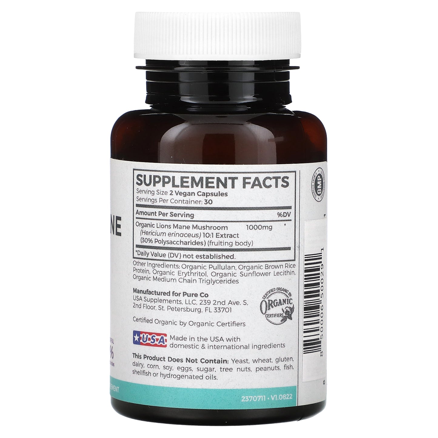 Pure Co., Organic Lions Mane, 60 Vegan Capsules (500 mg per Capsule)