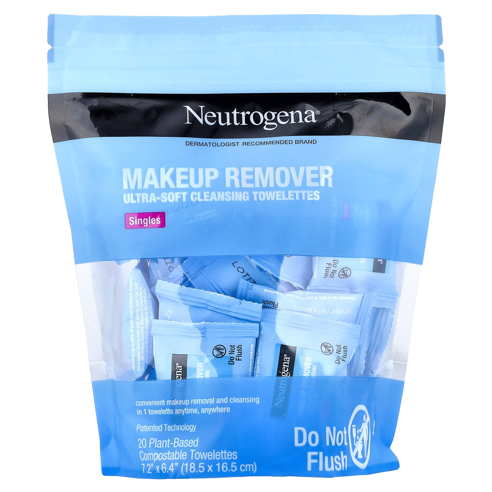 Neutrogena, Makeup Remover, Ultra-Soft Cleansing Towelettes, Singles, 20 Plant-Based Compostable Towelettes