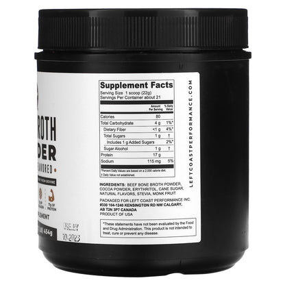 Left Coast Performance, Bone Broth Powder, Chocolate, 1 lb (454 g)