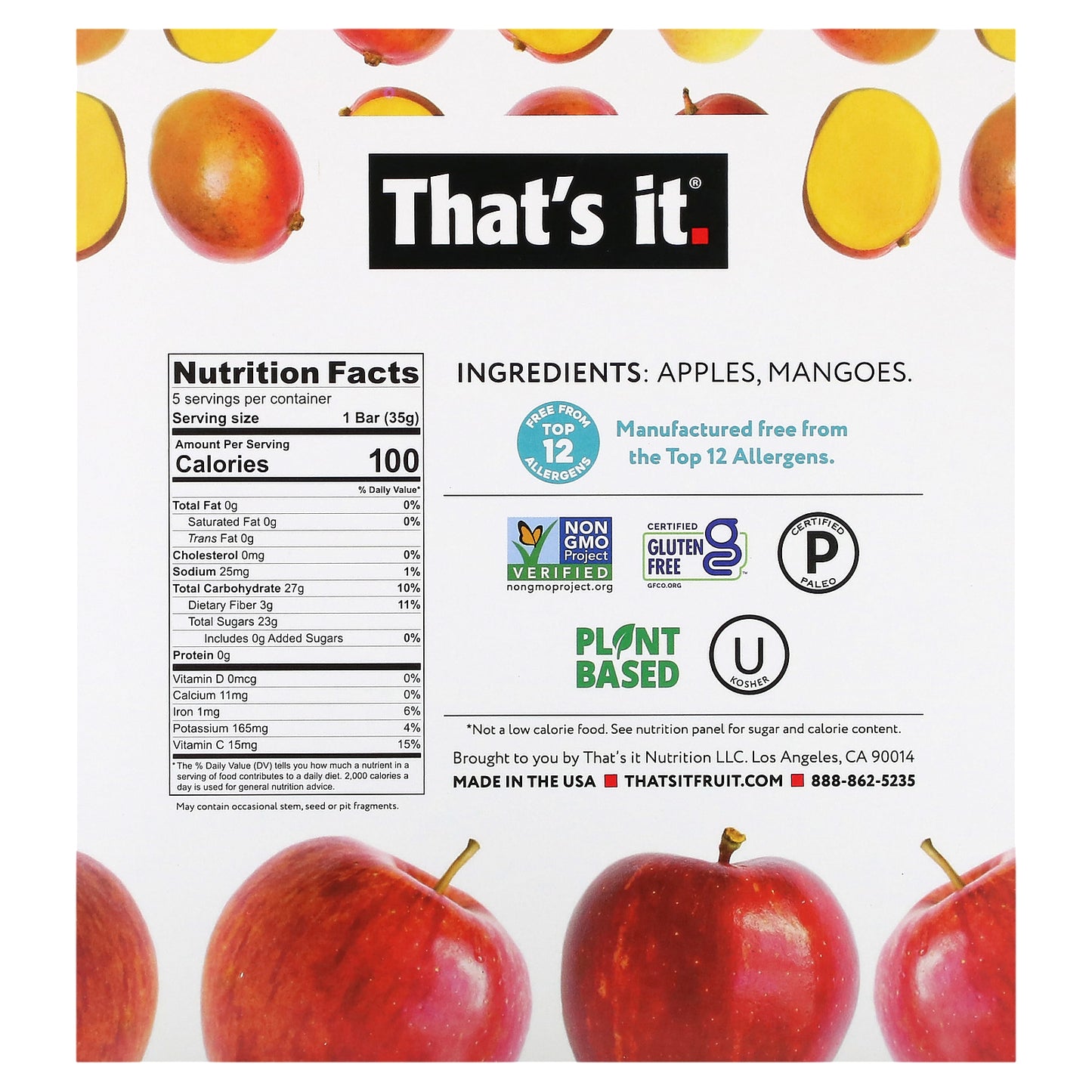 That's It, Fruit Bars, Apple + Mango, 5 Bars, 1.2 oz (35 g) Each