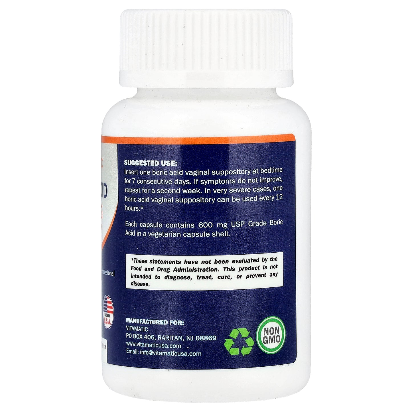 Vitamatic, Boric Acid, 600 mg, 60 Vaginal Suppositories
