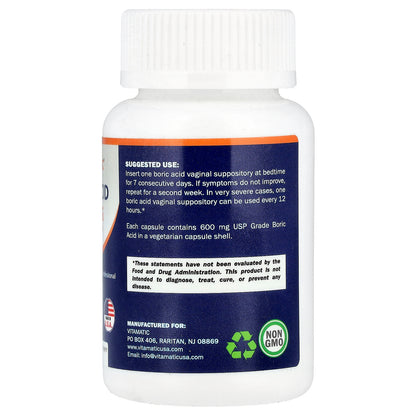 Vitamatic, Boric Acid, 600 mg, 60 Vaginal Suppositories