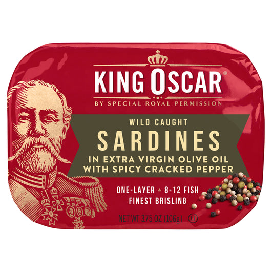 King Oscar, Wild Caught, Sardines In Extra Virgin Olive Oil, With Spicy Cracked Pepper, One Layer, 3.75 oz (106 g)