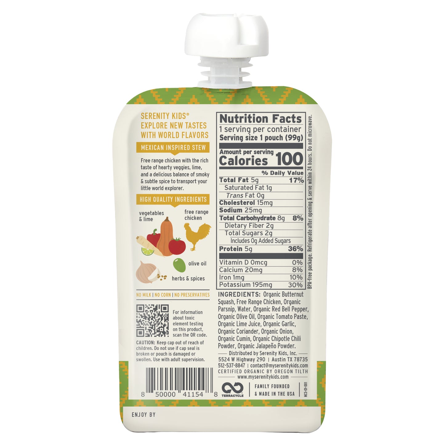 Serenity Kids, Free Range Chicken Mexican Inspired Stew with Butternut & Red Bell Pepper, 6+ Months, 3.5 oz (99 g)