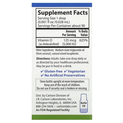Carlson, Super Daily®, D3, 125 mcg (5,000 IU), 0.086 fl oz (2.54 ml)