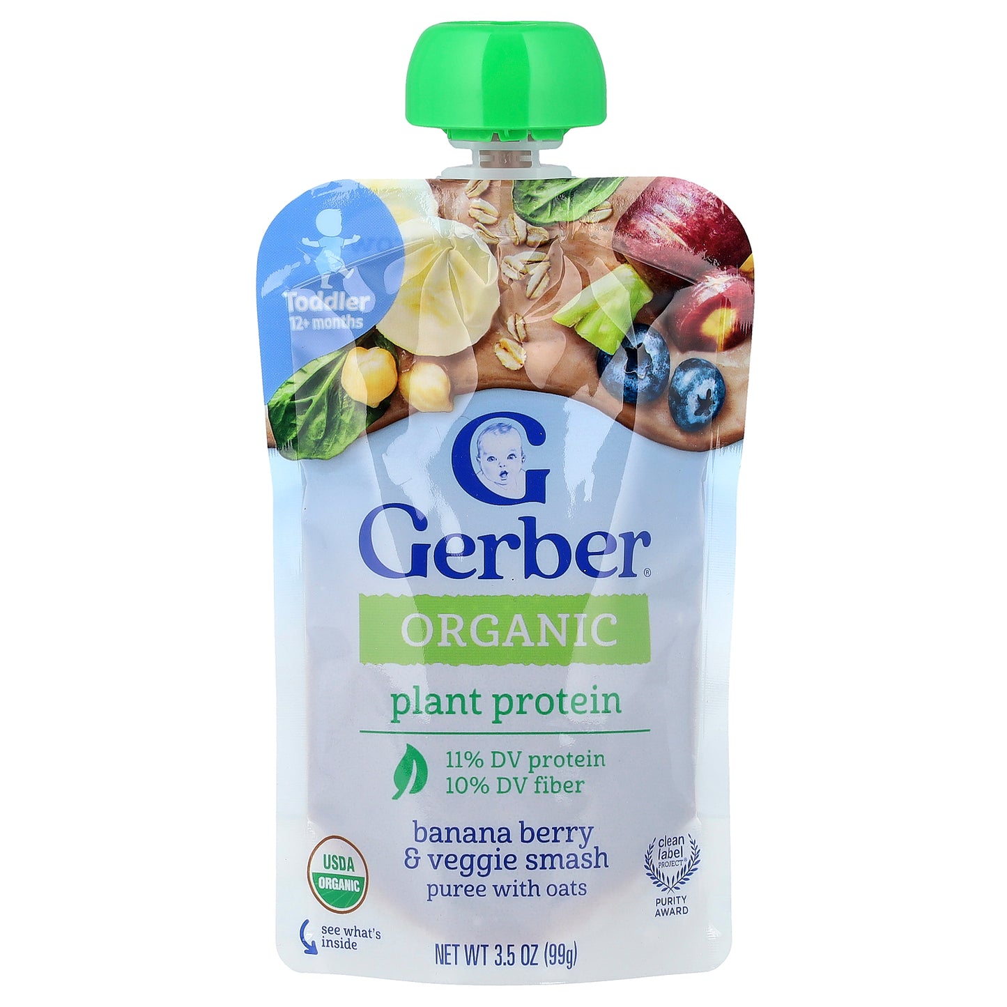 Gerber, Organic Plant Protein Puree, 12+ Months, Banana Berry & Veggie Smash with Oats, 3.5 oz (99 g)
