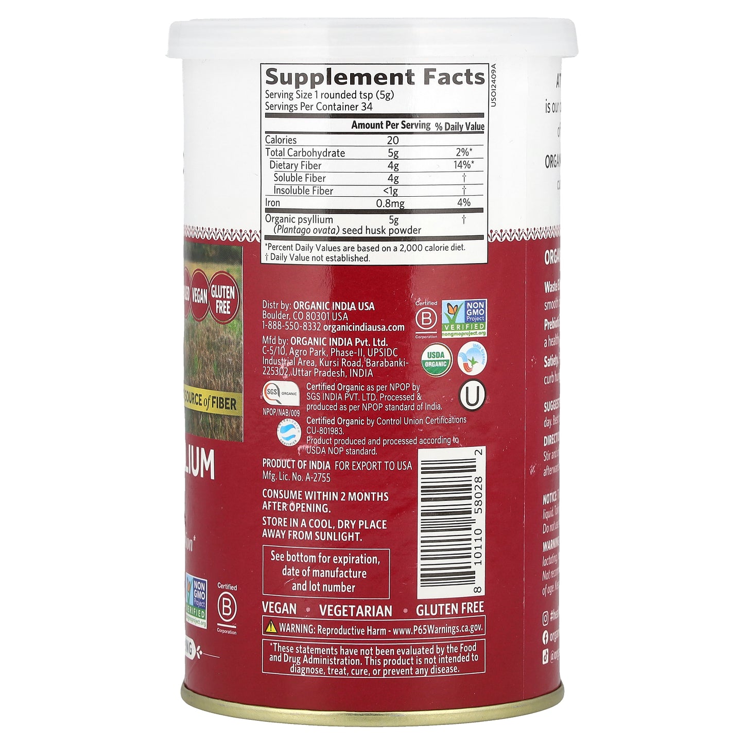 Organic India, Organic Psyllium Powder, 6 oz (170 g)